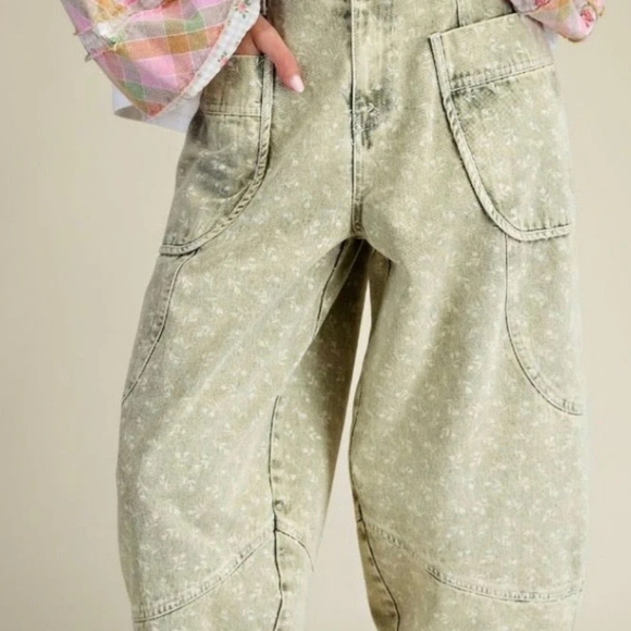 🌼 Easel Floral Barrel Jeans Olive Wash L 🩷 - Picture 5 of 5
